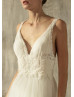 V Neck Ivory Lace Tulle Velvet Flowers Wedding Dress